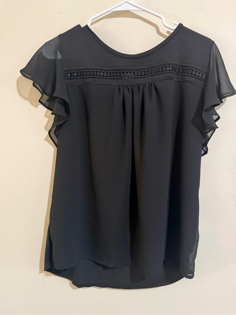 Soho Black Flutter Sleeve Lace-Yoke Blouse